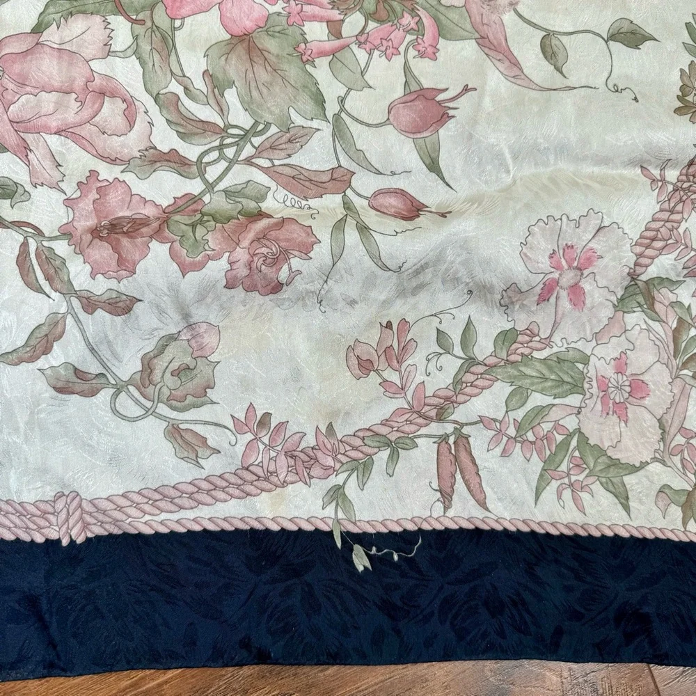 Hiroko for Dozo Cream / Pink Floral  Black Trim Silk Scarf